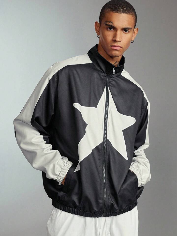 Prep Men's Color Block Drop Shoulder Long Sleeve Zip-Up Stand Collar Five-Pointed Star Pattern Jacket, Fall