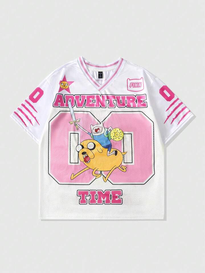 Adventure Time X ROMWE Men's Dog Print Mesh Patchwork Sports Short Sleeve T-Shirt, Athletic Jersey