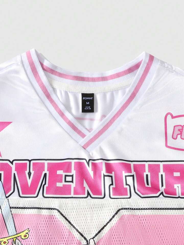 Adventure Time X ROMWE Men's Dog Print Mesh Patchwork Sports Short Sleeve T-Shirt, Athletic Jersey