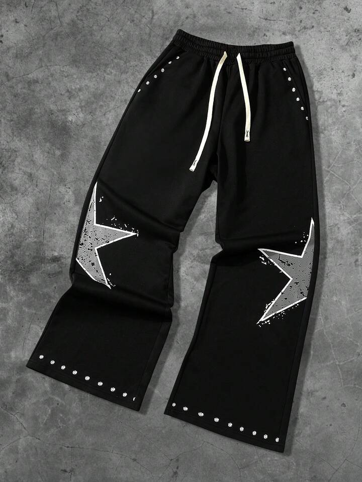 Men's Pentagram Print Drawstring Waist Pockets Wide Leg Loose Sweatpants