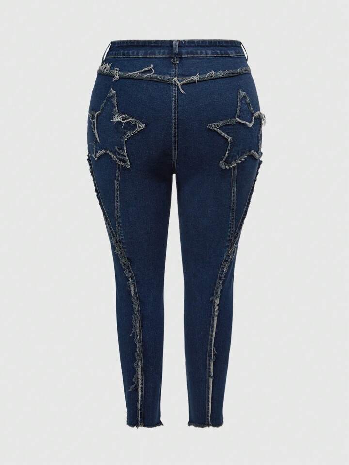 Grunge Punk Plus Size Distressed Star Patch Ripped High Stretch Vintage Wash Denim Jeans