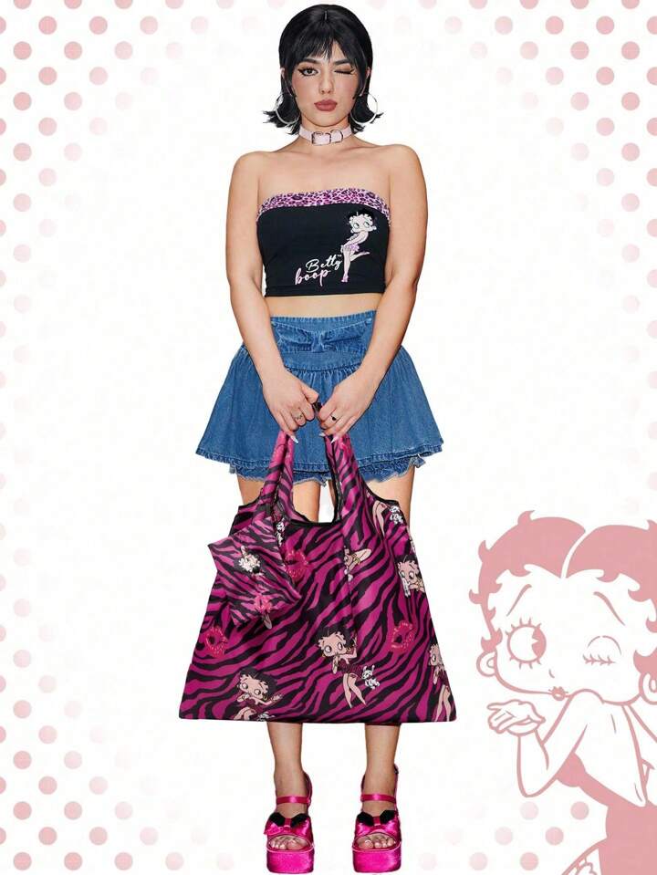 Betty Boop | ROMWE Large Capacity Foldable Tote Bag With Coin Pouch, Portable Shopping Bag, Gym Bag 4 Betty Boop | ROMWE Large Capacity Foldable Tote Bag With Coin Pouch, Portable Shopping Bag, Gym Bag