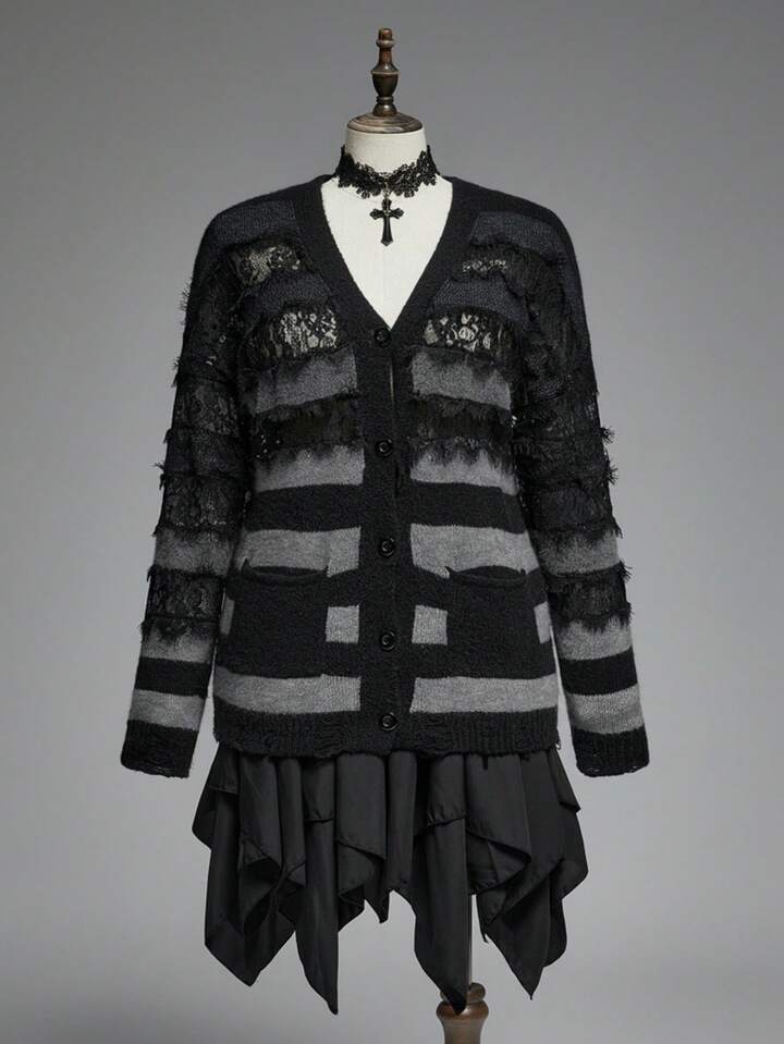 EDITION Plus Size Women Gothic Ombre Striped Lace Patchwork Distressed Hem Loose Cardigan/Winter