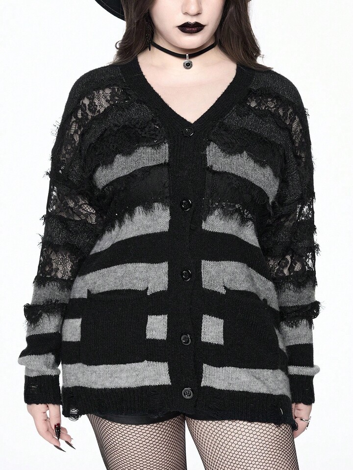 EDITION Plus Size Women Gothic Ombre Striped Lace Patchwork Distressed Hem Loose Cardigan/Winter 10 EDITION Plus Size Women Gothic Ombre Striped Lace Patchwork Distressed Hem Loose Cardigan/Winter