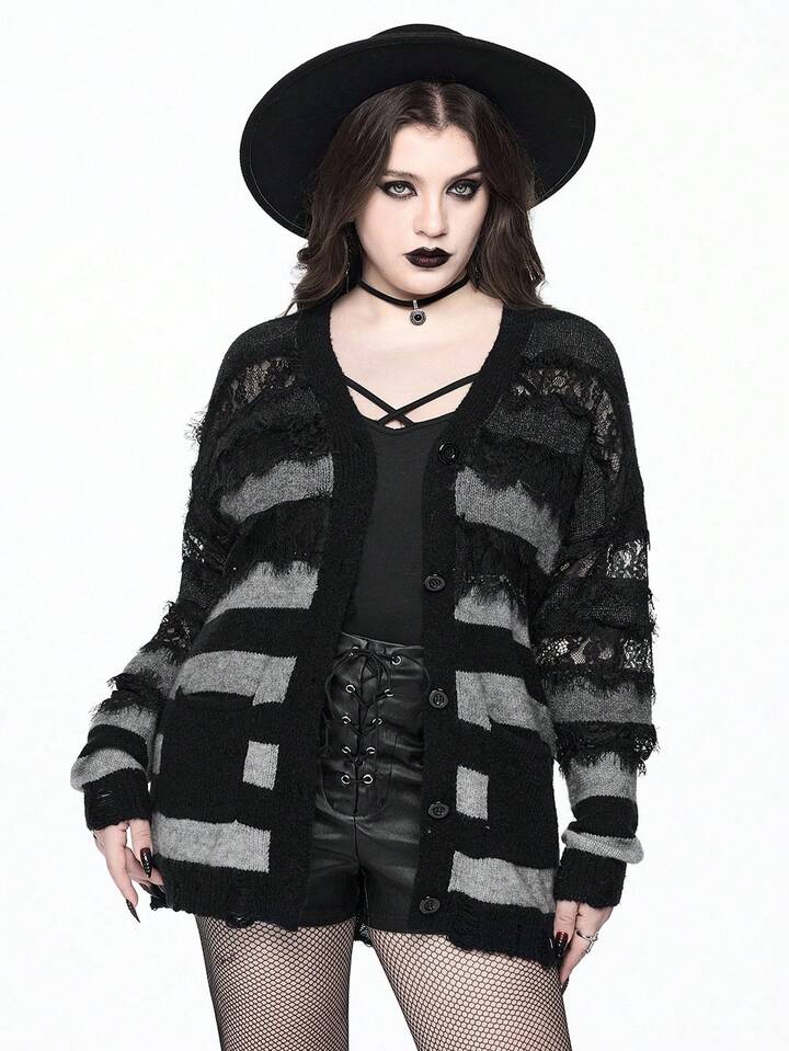 EDITION Plus Size Women Gothic Ombre Striped Lace Patchwork Distressed Hem Loose Cardigan/Winter 11 EDITION Plus Size Women Gothic Ombre Striped Lace Patchwork Distressed Hem Loose Cardigan/Winter