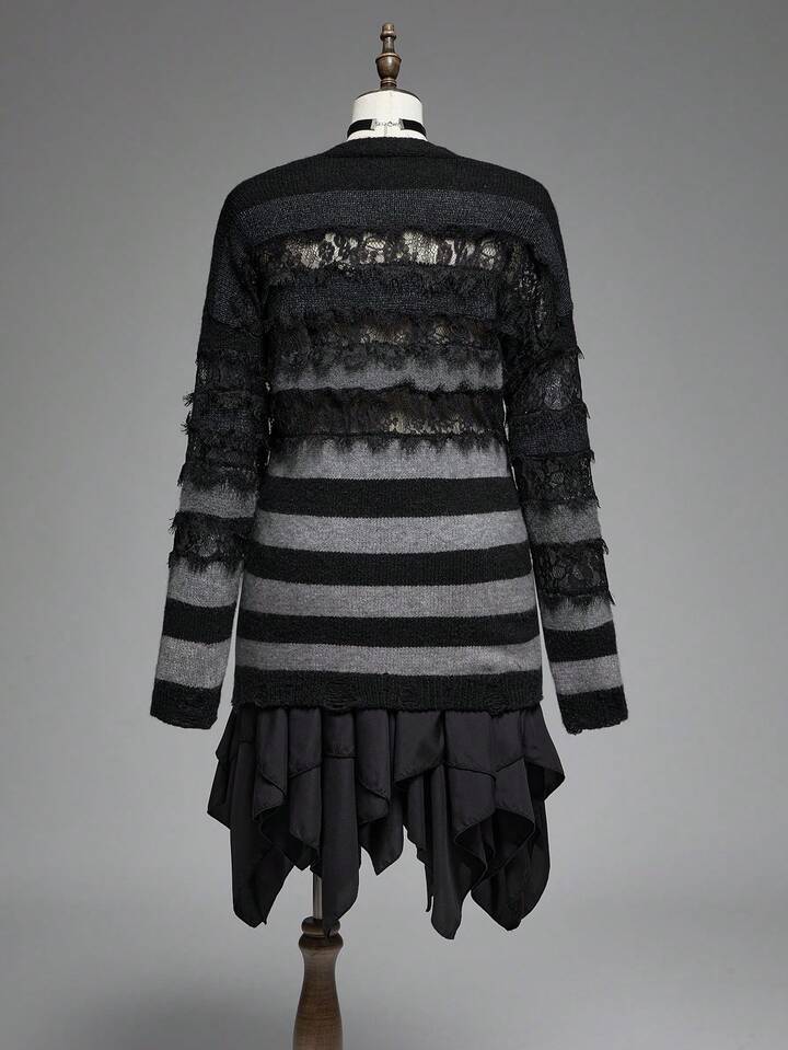 EDITION Plus Size Women Gothic Ombre Striped Lace Patchwork Distressed Hem Loose Cardigan/Winter
