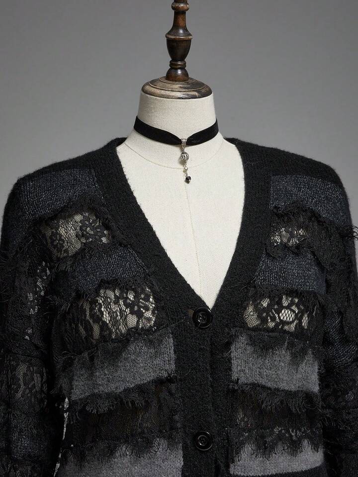 EDITION Plus Size Women Gothic Ombre Striped Lace Patchwork Distressed Hem Loose Cardigan/Winter