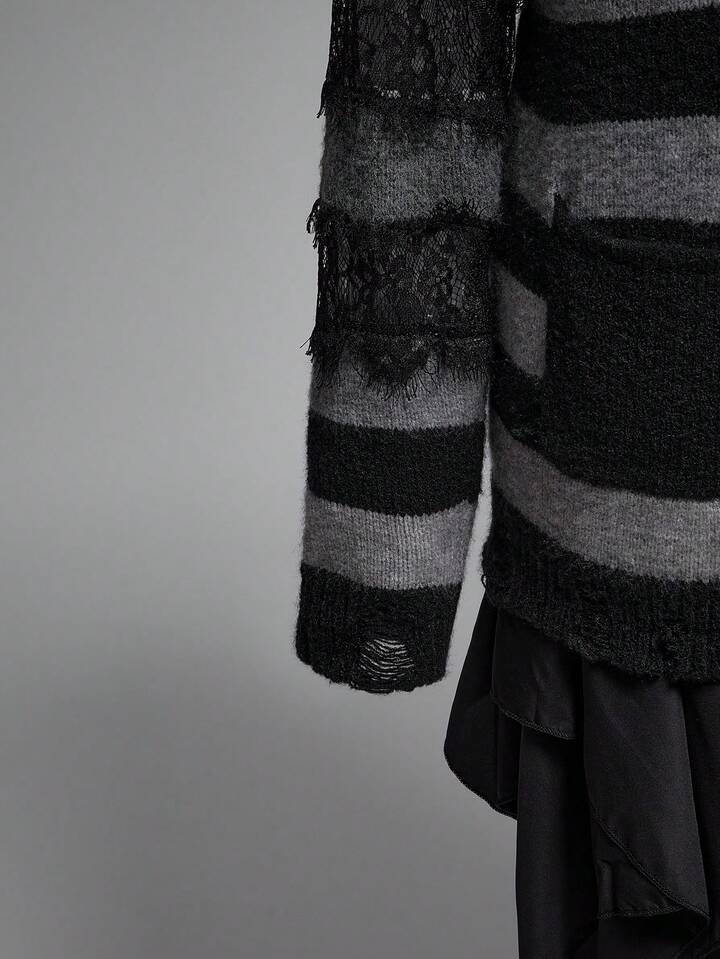 EDITION Plus Size Women Gothic Ombre Striped Lace Patchwork Distressed Hem Loose Cardigan/Winter 4 EDITION Plus Size Women Gothic Ombre Striped Lace Patchwork Distressed Hem Loose Cardigan/Winter