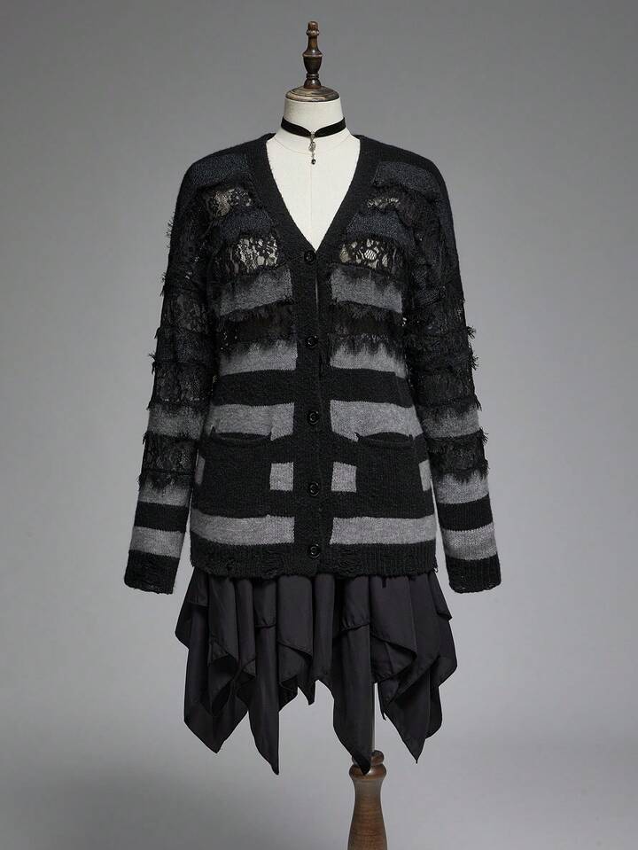 EDITION Plus Size Women Gothic Ombre Striped Lace Patchwork Distressed Hem Loose Cardigan/Winter 6 EDITION Plus Size Women Gothic Ombre Striped Lace Patchwork Distressed Hem Loose Cardigan/Winter