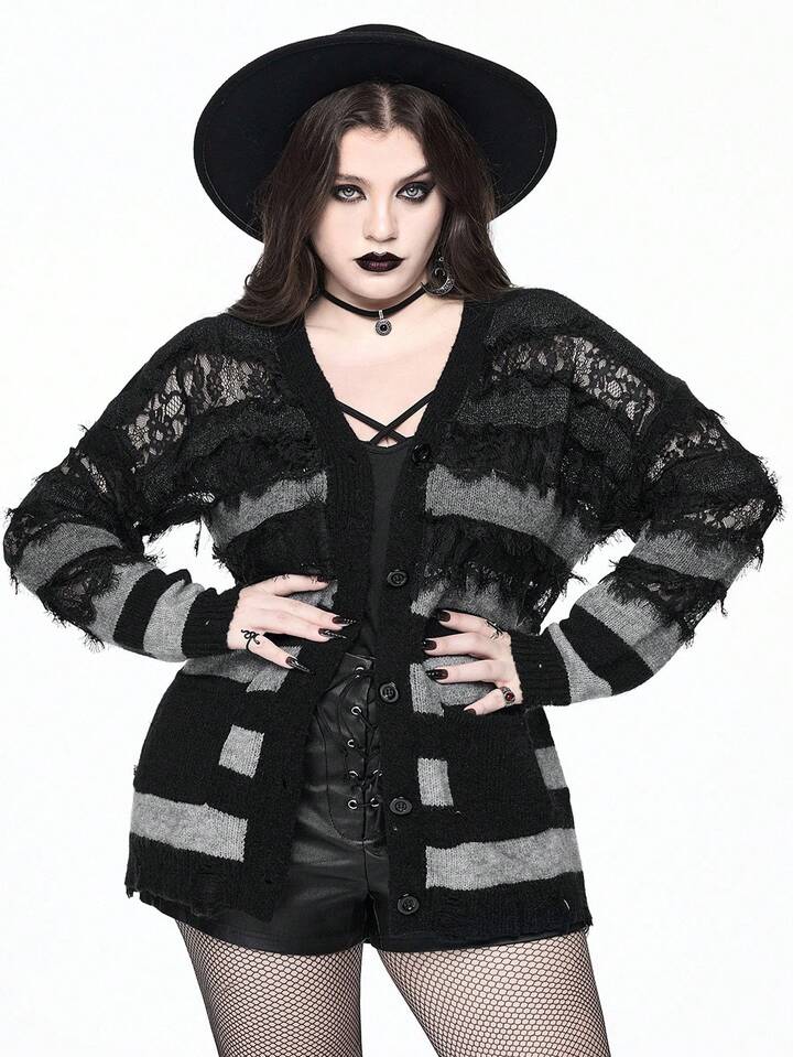 EDITION Plus Size Women Gothic Ombre Striped Lace Patchwork Distressed Hem Loose Cardigan/Winter 7 EDITION Plus Size Women Gothic Ombre Striped Lace Patchwork Distressed Hem Loose Cardigan/Winter
