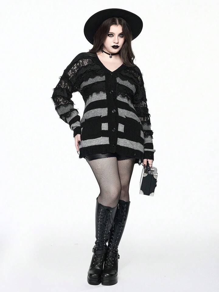 EDITION Plus Size Women Gothic Ombre Striped Lace Patchwork Distressed Hem Loose Cardigan/Winter 8 EDITION Plus Size Women Gothic Ombre Striped Lace Patchwork Distressed Hem Loose Cardigan/Winter