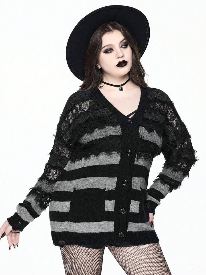 EDITION Plus Size Women Gothic Ombre Striped Lace Patchwork Distressed Hem Loose Cardigan/Winter 9 EDITION Plus Size Women Gothic Ombre Striped Lace Patchwork Distressed Hem Loose Cardigan/Winter
