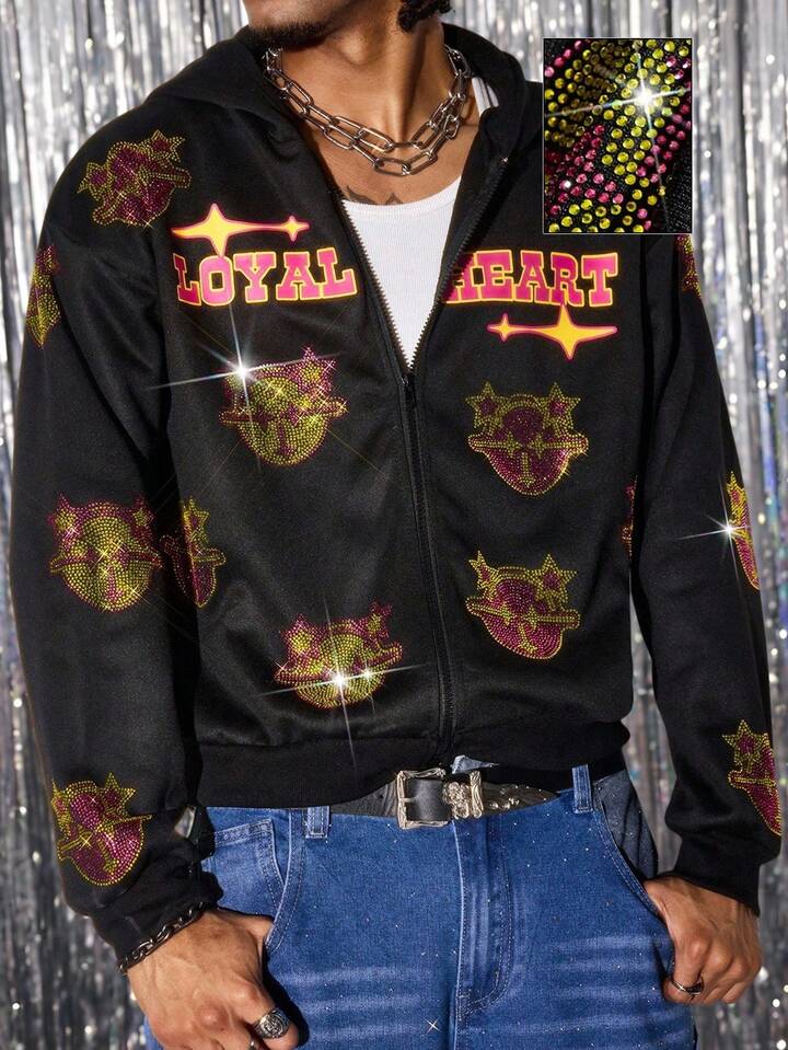 Men's Letter Print Rhinestone Zipper Front Casual Hoodie Sweatshirt