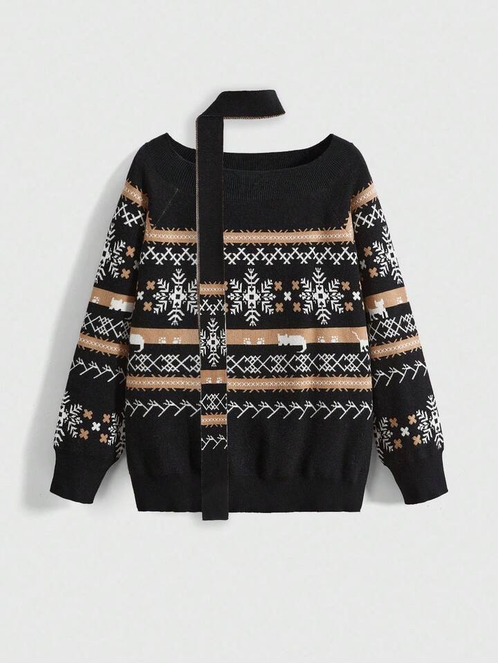 Kawaii Plus Size Avant Garde Vintage Fair Isle Snowflake Christmas Kitty Intarsia Pattern Soft Feminine Cozy Winter Pullover Sweater, Plus Size Autumn/Winter Fair Isle Off Shoulder Tie-Neck Pullover Sweater, Plus Size Women's Autumn/Winter Pullover Sweater Top, Plus Size Vintage Christmas Party Fair Isle Pullover Sweater, Elegant Retro Holiday Party Sweater For Plus Size Women