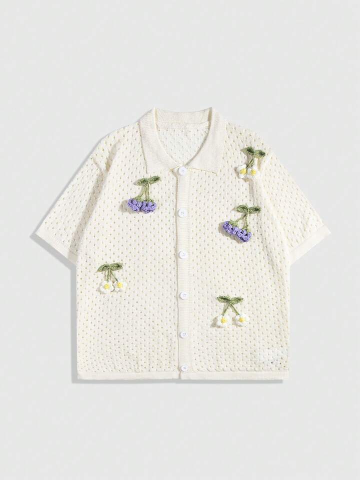 Casual Men's Vacation Fashion Open Front Flower Crochet Knit Cardigan, Summer