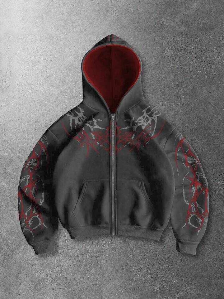 Street Life Men's Casual Loose Pattern Print Zip-Up Hoodie Sweatshirt, Autumn
