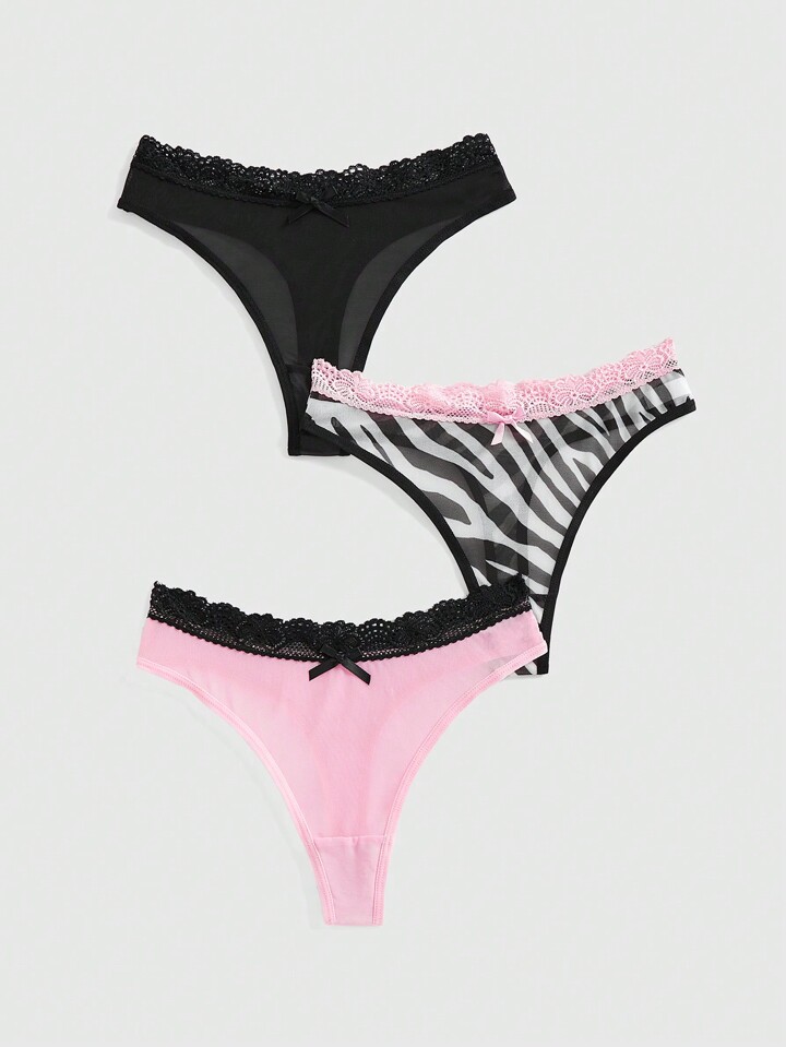 J-Fashion 3pcs Y2K Gyaru Style Zebra Print Mesh & Lace Colorblock Thongs Panties Set