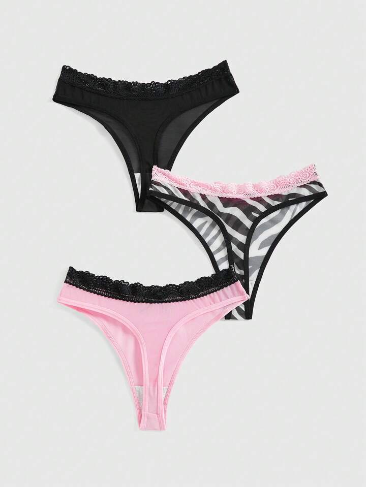 J-Fashion 3pcs Y2K Gyaru Style Zebra Print Mesh & Lace Colorblock Thongs Panties Set