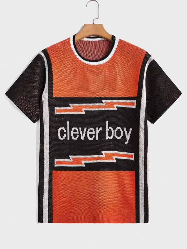 Men'S Slogan Jacquard Short Sleeve Knitwear, Suitable For Daily Wear In Spring And Summer
