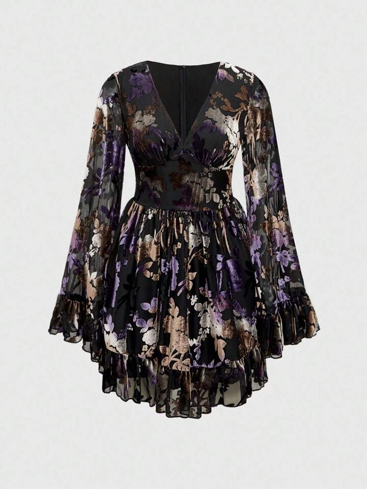EDITION Dark Sexy Bohemian Style Velvet Jacquard Deep V-Neck Bell Sleeve Midi Dress