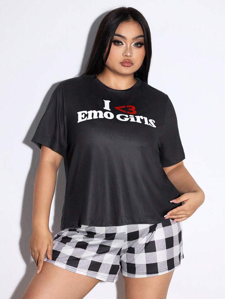 Kawaii Plus Size Checkered & English Print Casual Loungewear Set, For Summer