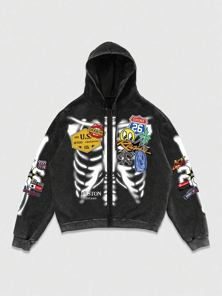 Men's Black Snowflake Washed Hoodie Sweatshirt With Graphic Print, Autumn/Winter
