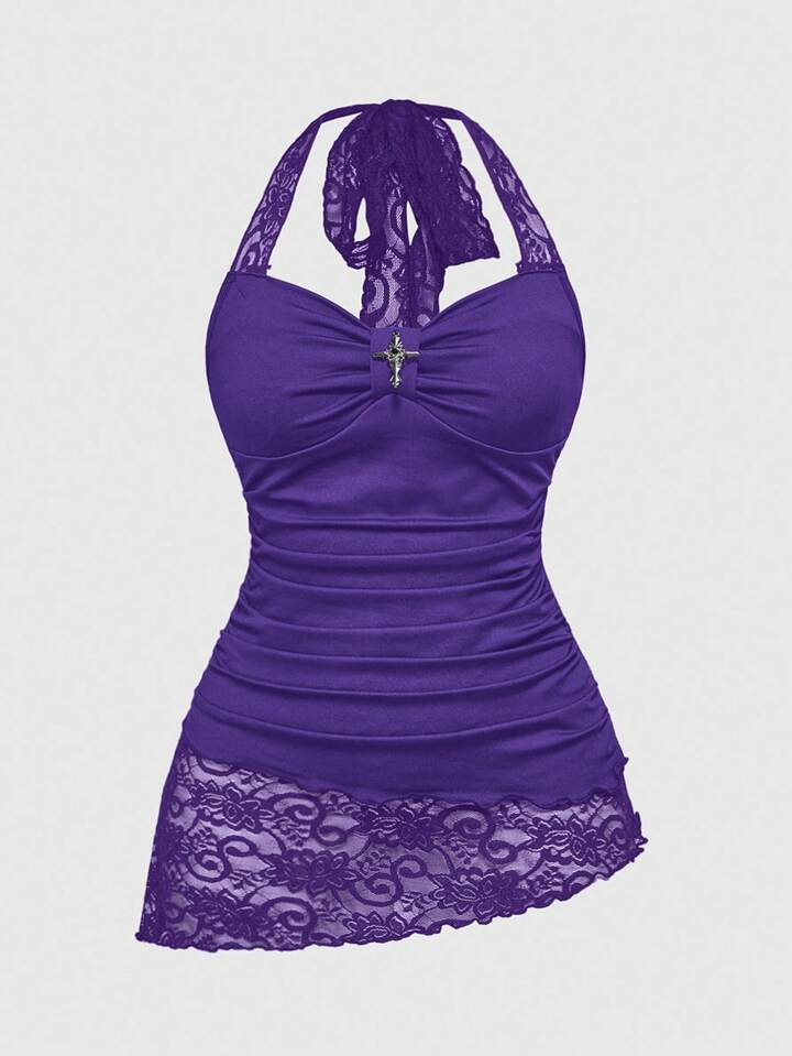 Plus Size Women Lace Patchwork Asymmetrical Hem Lace Trim Halter Neck Tie Waist Tank Top