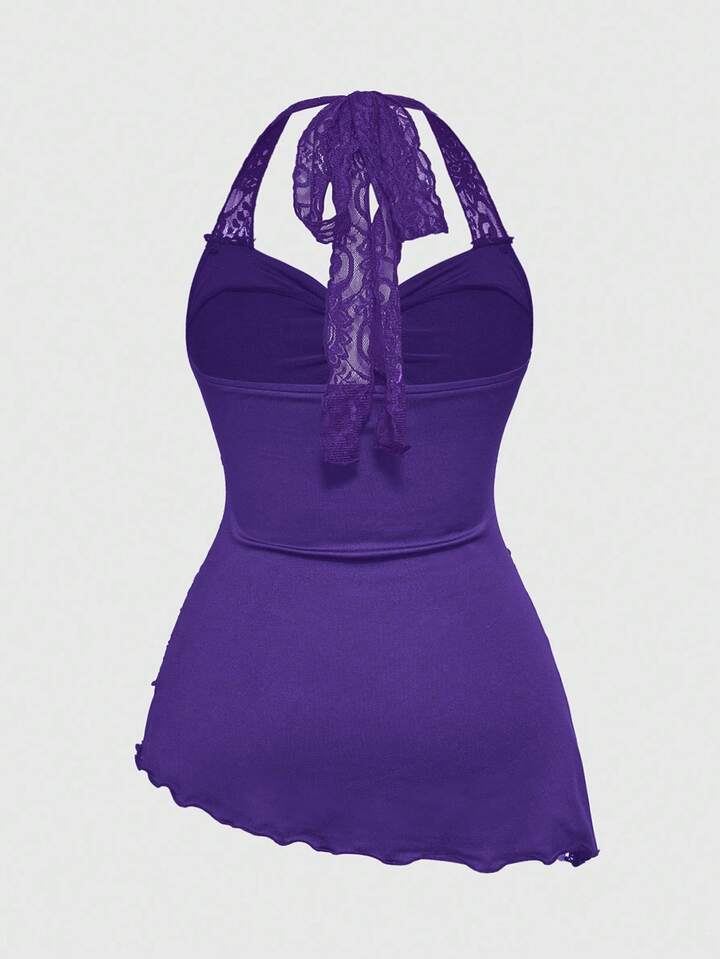 Plus Size Women Lace Patchwork Asymmetrical Hem Lace Trim Halter Neck Tie Waist Tank Top 2 Plus Size Women Lace Patchwork Asymmetrical Hem Lace Trim Halter Neck Tie Waist Tank Top