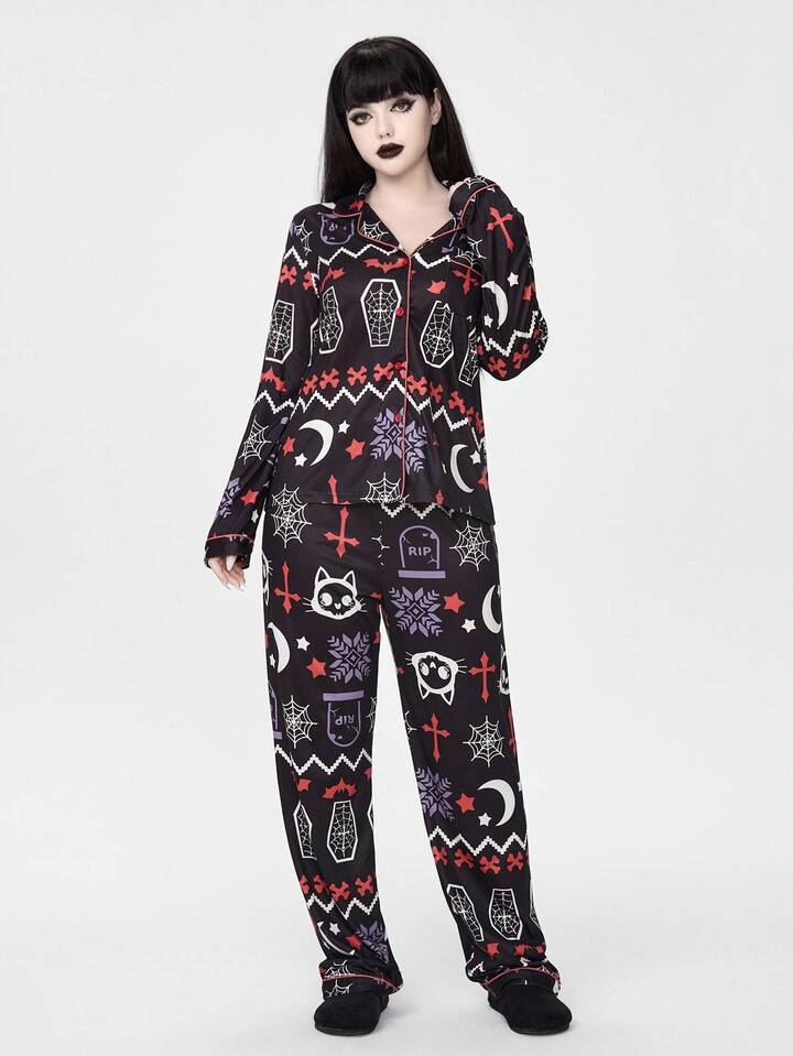 Women's Gothic Christmas Skeleton Deer Coffin Cobweb Snowflake Bat Cross Moon Bone Long Sleeve Top & Pants Pajama Set Fall Winter Clothes