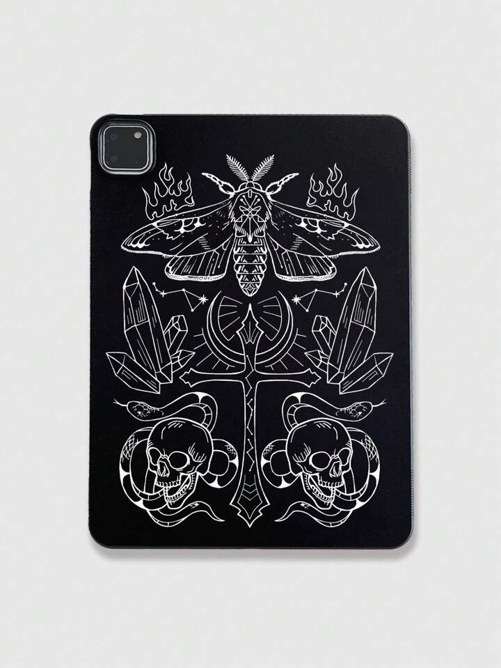 Goth 1186024 Moth Cross, Skull Snake Mineral Symmetric Pattern Black IPad Tablet Case, Halloween