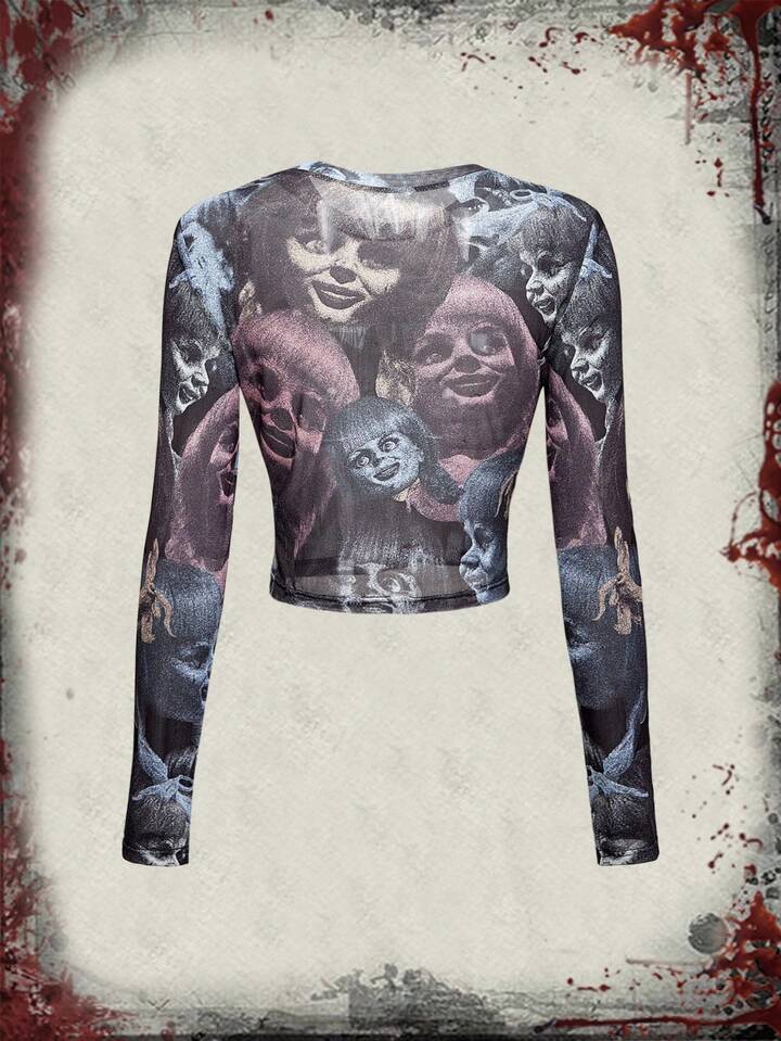 The Conjuring X ROMWE Horror Halloween Portrait Print Mesh Sheer Crop Top For Women
