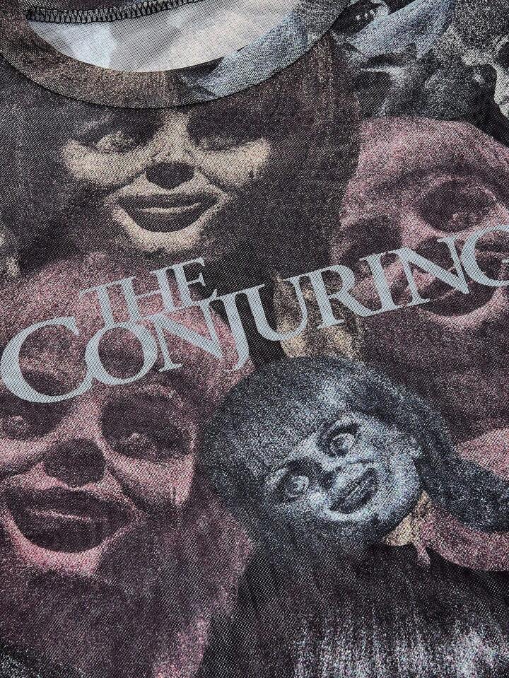 The Conjuring X ROMWE Horror Halloween Portrait Print Mesh Sheer Crop Top For Women