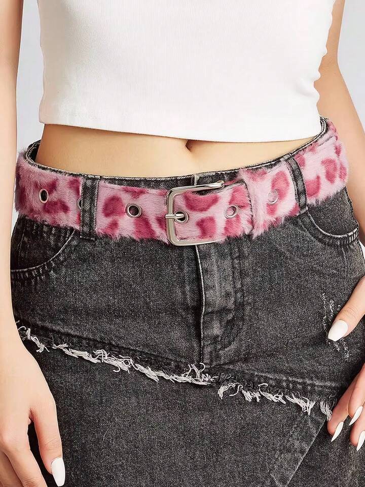 Grunge Punk 1 Punk Pink Leopard Print Belt, Retro Y2K Fashion Furry Square Buckle Leather Belt, Personalized Fashional Decorative Belt