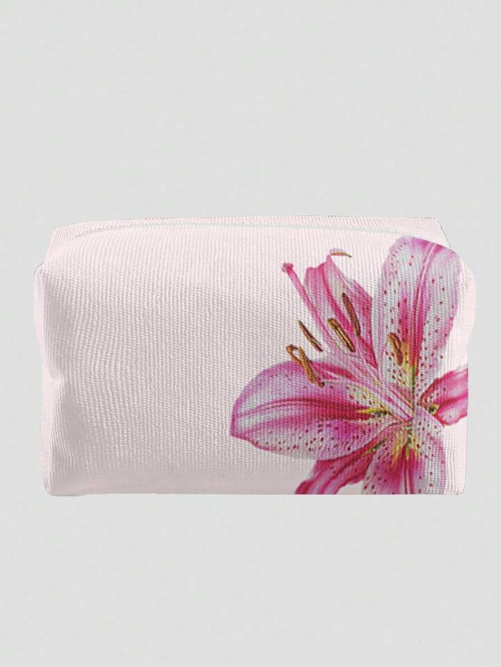 Kawaii Pink Base Lily Flower Pattern Octagonal Velvet Cosmetic Bag