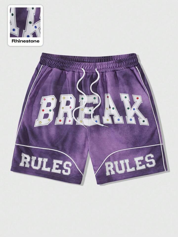 Men's Street Life Colorful Letter & Rhinestone Decor Drawstring Waist Shorts