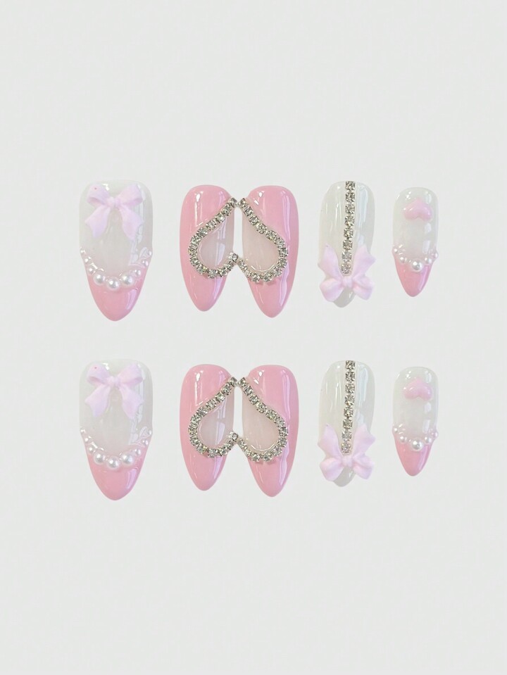 10 Pcs High-Quality Handmade Bowknot False Nails + 3 Sheets Double-Sided Adhesive, Cute Rhinestone Heart Nail Stickers, Detachable Bowknot & Heart Design, Suitable For Holiday Parties, Dancing, And Daily Wear Fake Nails, Press On Nails