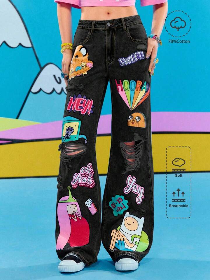 Adventure Time X ROMWE Women Casual Ripped Cartoon Graphic Loose Fit Jeans