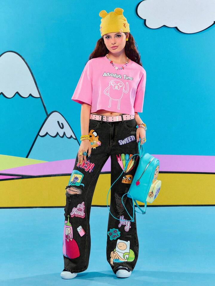 Adventure Time X ROMWE Women Casual Ripped Cartoon Graphic Loose Fit Jeans