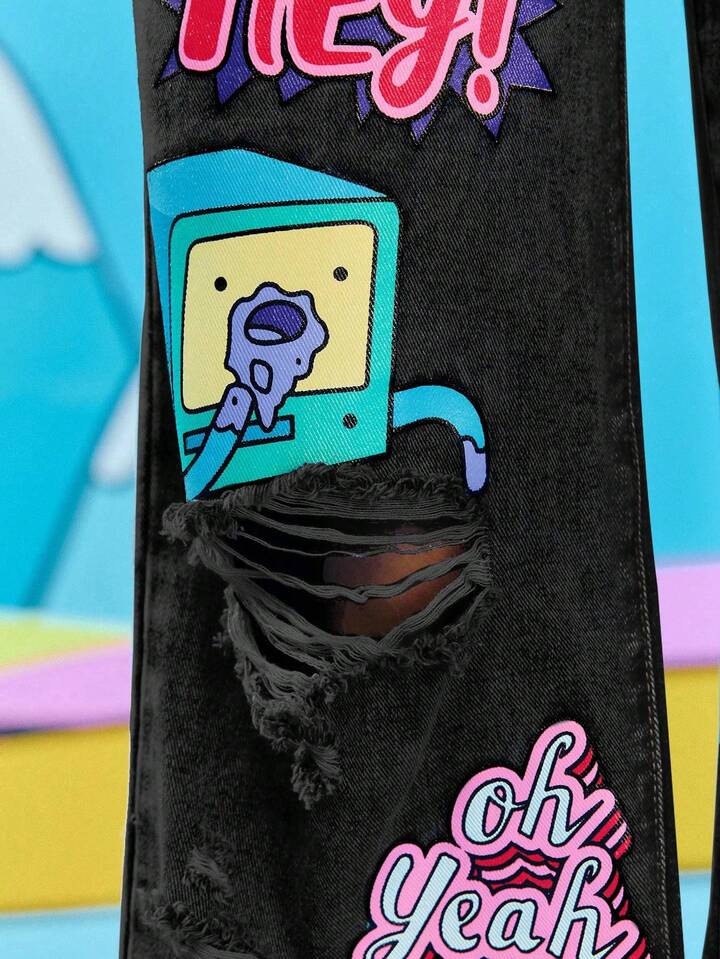 Adventure Time X ROMWE Women Casual Ripped Cartoon Graphic Loose Fit Jeans