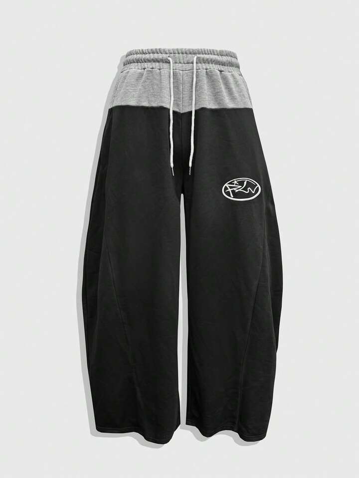Prep Men's Casual Contrast Color Patchwork Curved Hem Sweatpants, Autumn/Winter