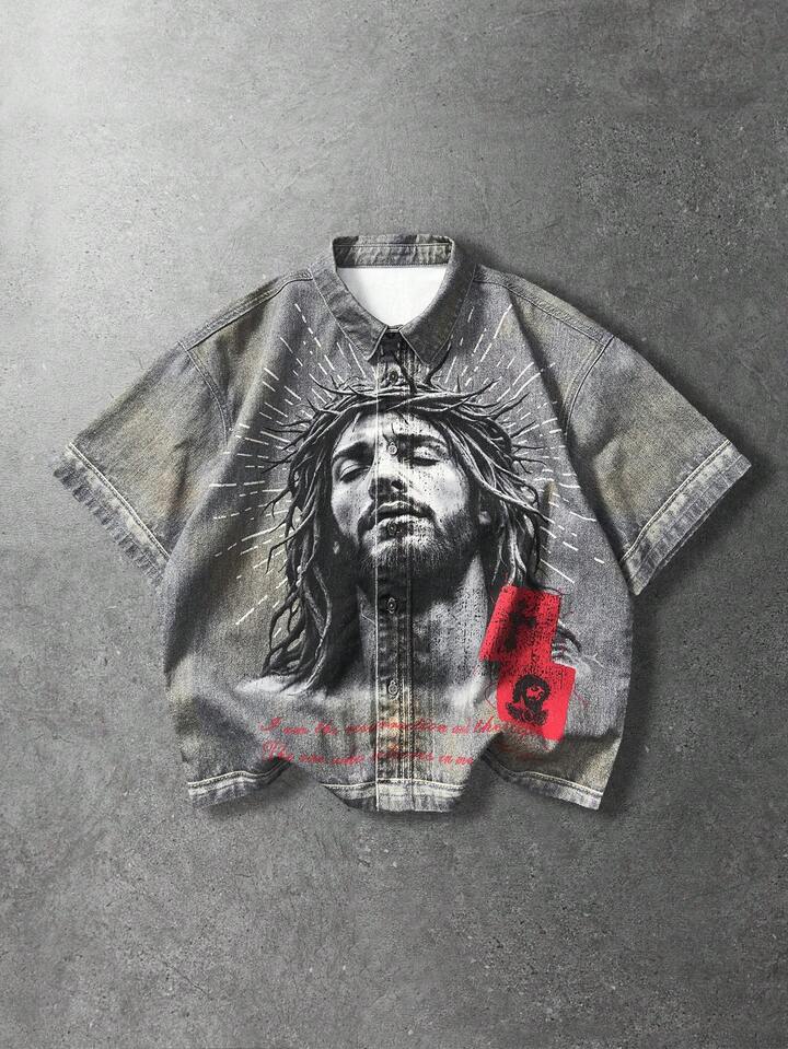 Men's Figure Graphic Short Sleeve Single-Breasted Casual Denim Shirt