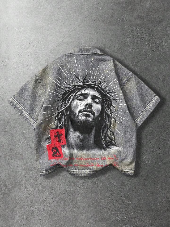 Men's Figure Graphic Short Sleeve Single-Breasted Casual Denim Shirt