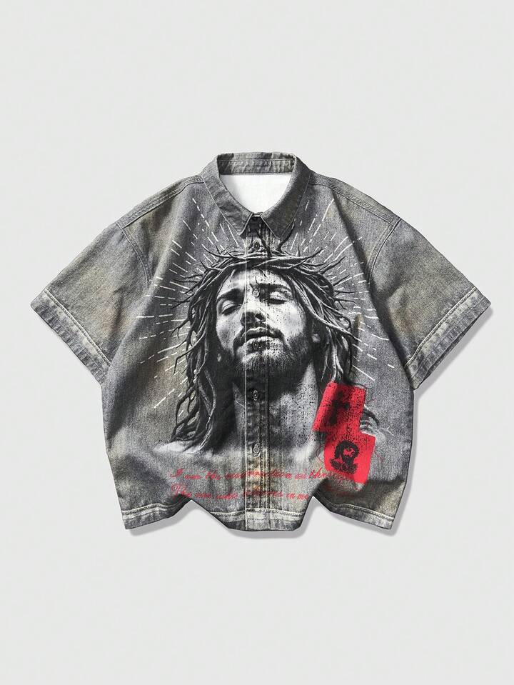 Men's Figure Graphic Short Sleeve Single-Breasted Casual Denim Shirt