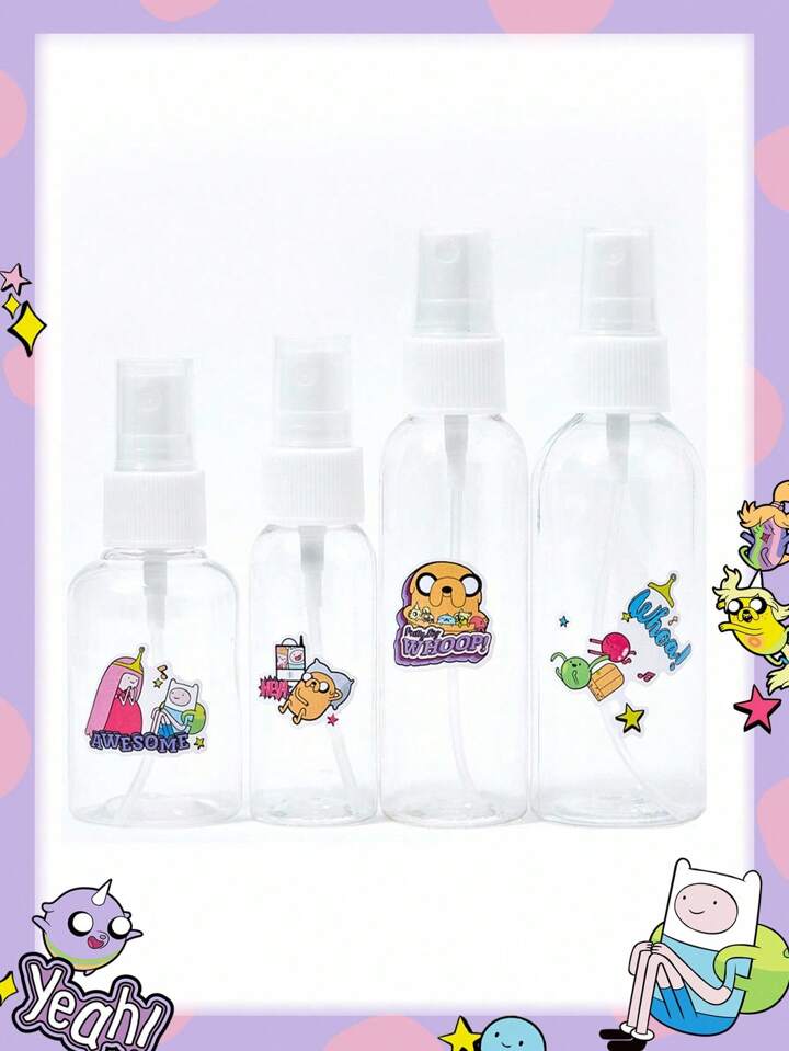 Adventure Time X ROMWE Cartoon Pattern PET Transparent 4pcs Set - Mini Spray Bottles For Cosmetics, Perfume