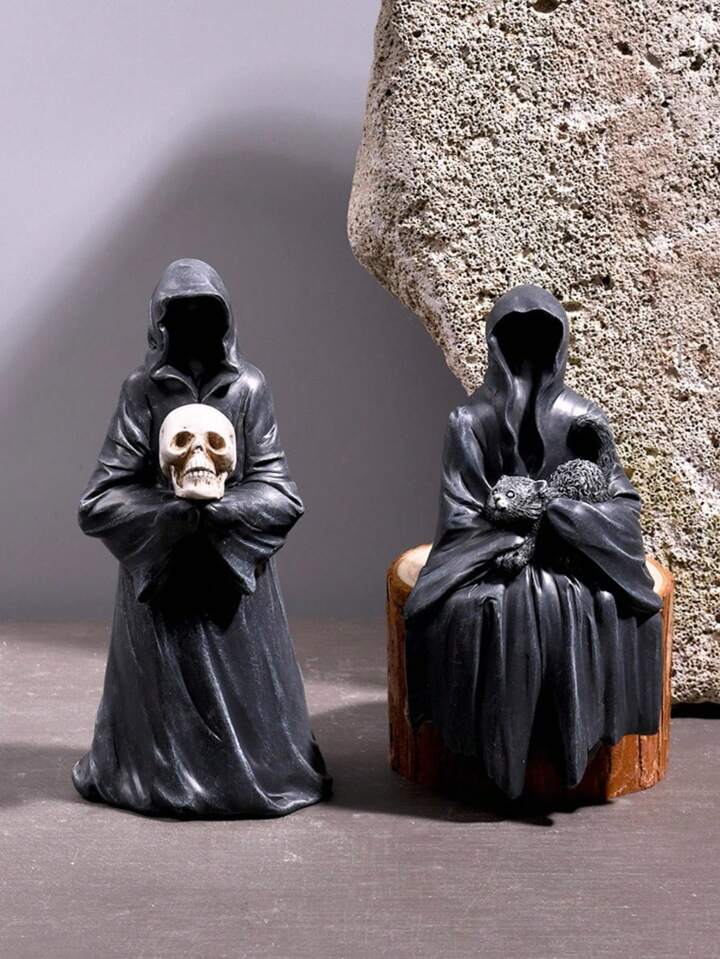 1pc Gothic Desktop Ornaments, Skull Desktop Decoration,Halloween Black Robe Gothic Ornament, Black Robe Faceless Ghost Home Desktop Car Ornament, Mysterious King Cute Figure Game Merchandise Statue