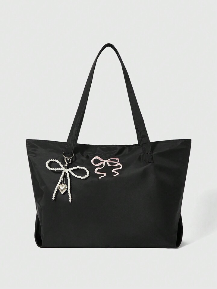 Kawaii Pattern: 84225 Bow Embroidery Large Capacity Shoulder Bag, Fashionable Versatile Oxford Cloth Shopping Tote, Tote Bags For Women, College Essentials