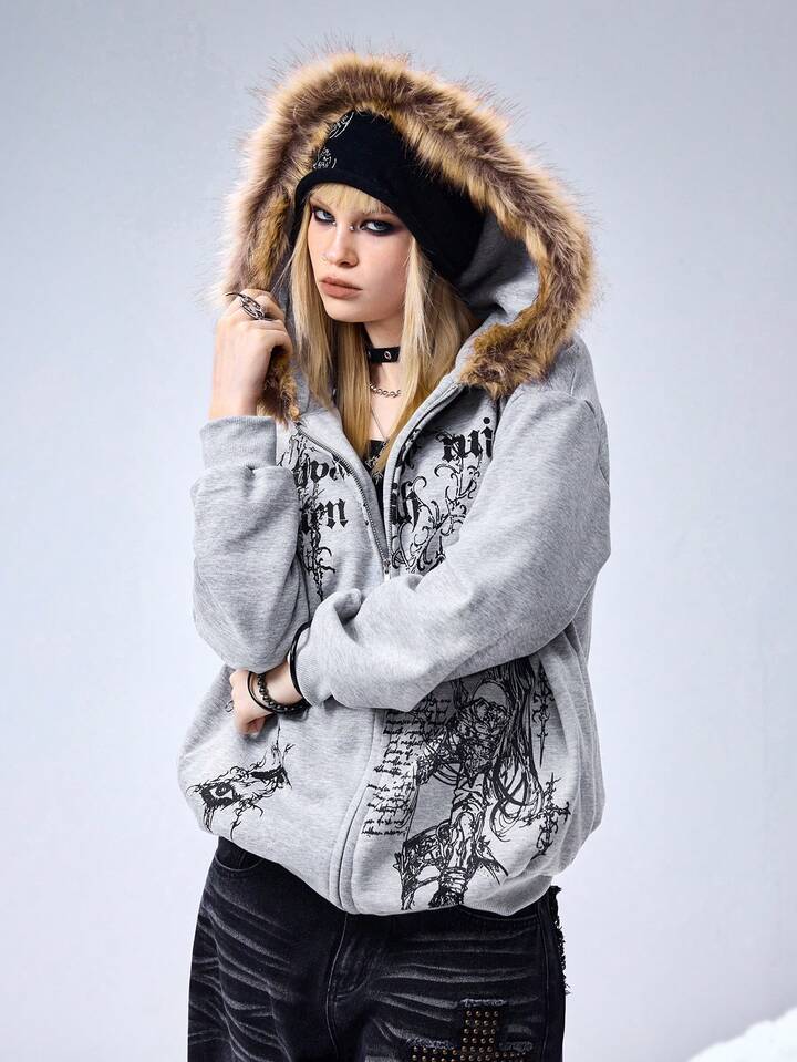 EDITION Y3K Cyber Sigilism Print Patchwork Faux Fur Collar Loose Fit Sweatshirt For Women