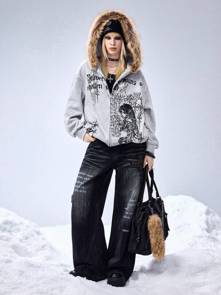 EDITION Y3K Cyber Sigilism Print Patchwork Faux Fur Collar Loose Fit Sweatshirt For Women