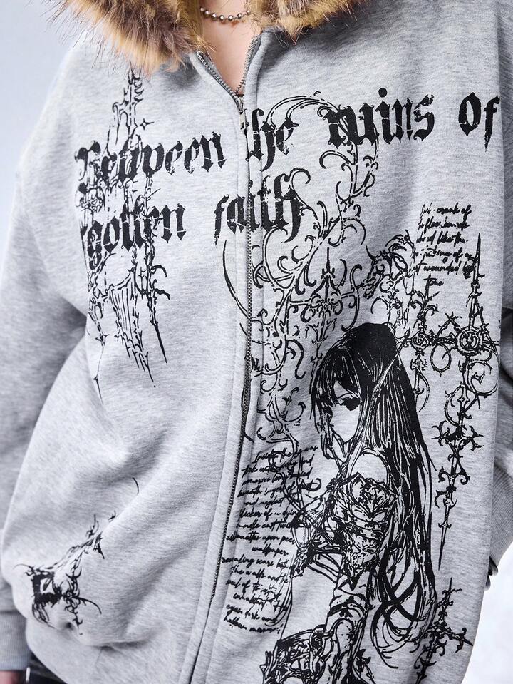 EDITION Y3K Cyber Sigilism Print Patchwork Faux Fur Collar Loose Fit Sweatshirt For Women