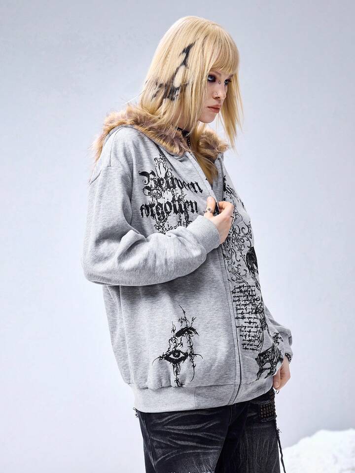 EDITION Y3K Cyber Sigilism Print Patchwork Faux Fur Collar Loose Fit Sweatshirt For Women 5 EDITION Y3K Cyber Sigilism Print Patchwork Faux Fur Collar Loose Fit Sweatshirt For Women